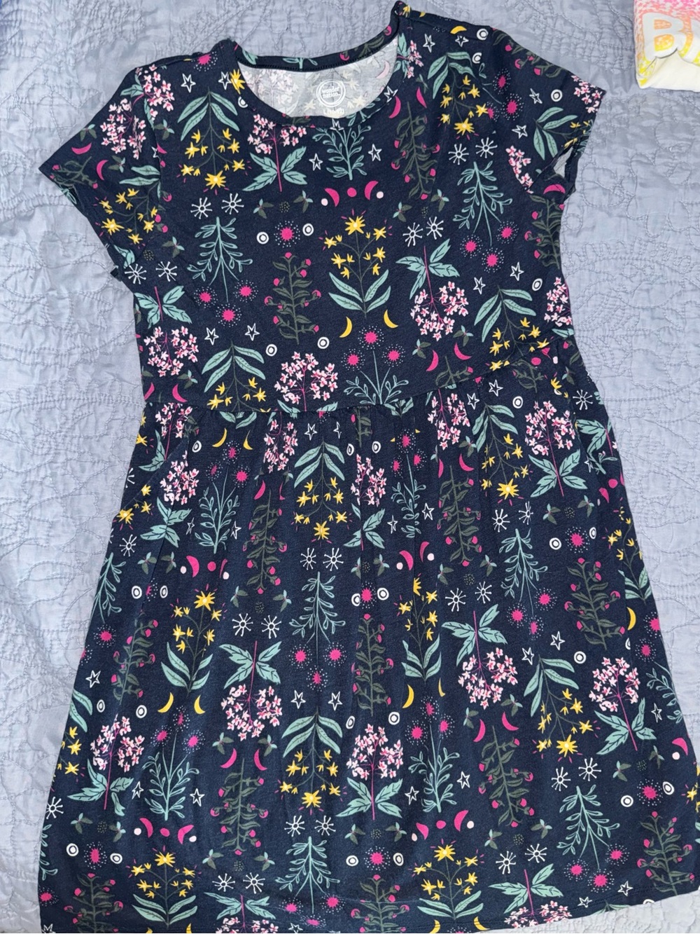 ✨5/$12 wonder nation Navy Floral Print Short Sleeve Dress girls large 10-12